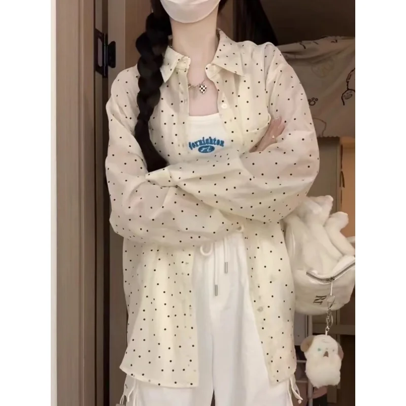 Женская рубашка в горошек средней длины тонкое свободное Бандажное платье