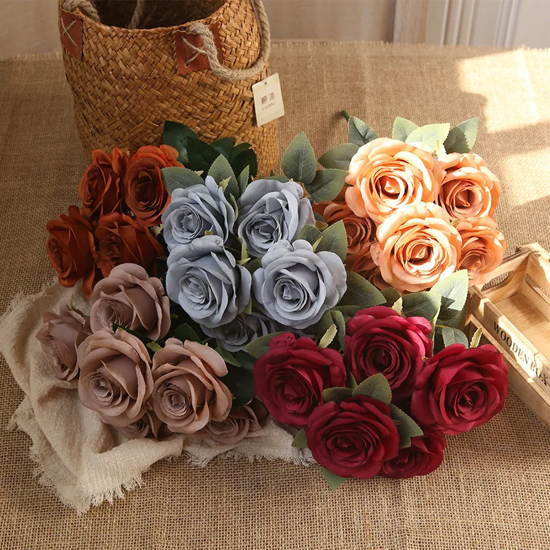 

Artificial Round Head Rose Silk Bouquet Wedding Road Leads Flower Photography Props Home Living Room Garden Fake Flower Decor