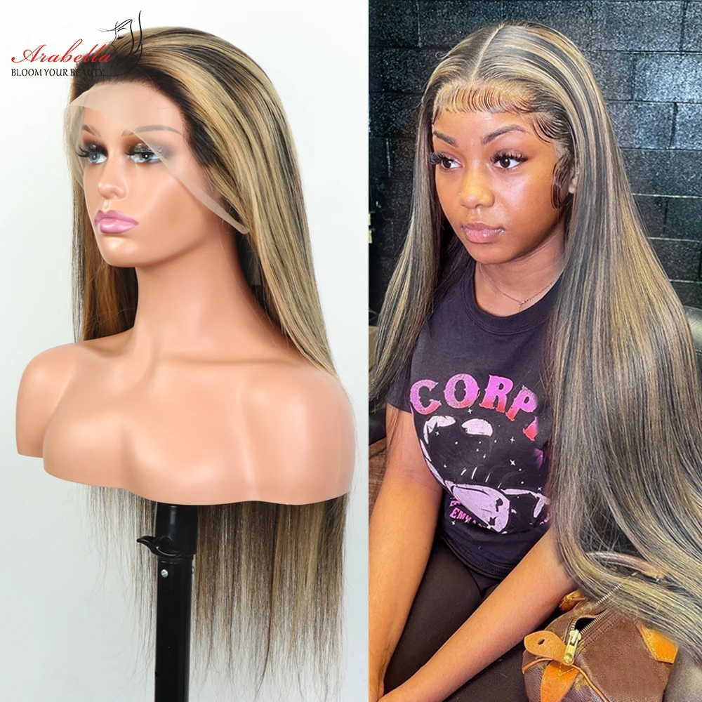 HD Transparent Lace Front Wig 13x4 Peruvian Straight Balayage Wig 100% Human Hair Wigs Pre Plucked Bleached Knots Arabella Remy