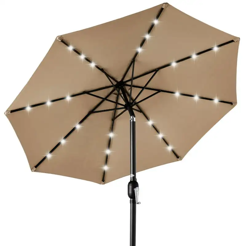 

Solar LED Lighted Patio Umbrella w/ Tilt Adjustment, UV-Resistant Fabric - Tan