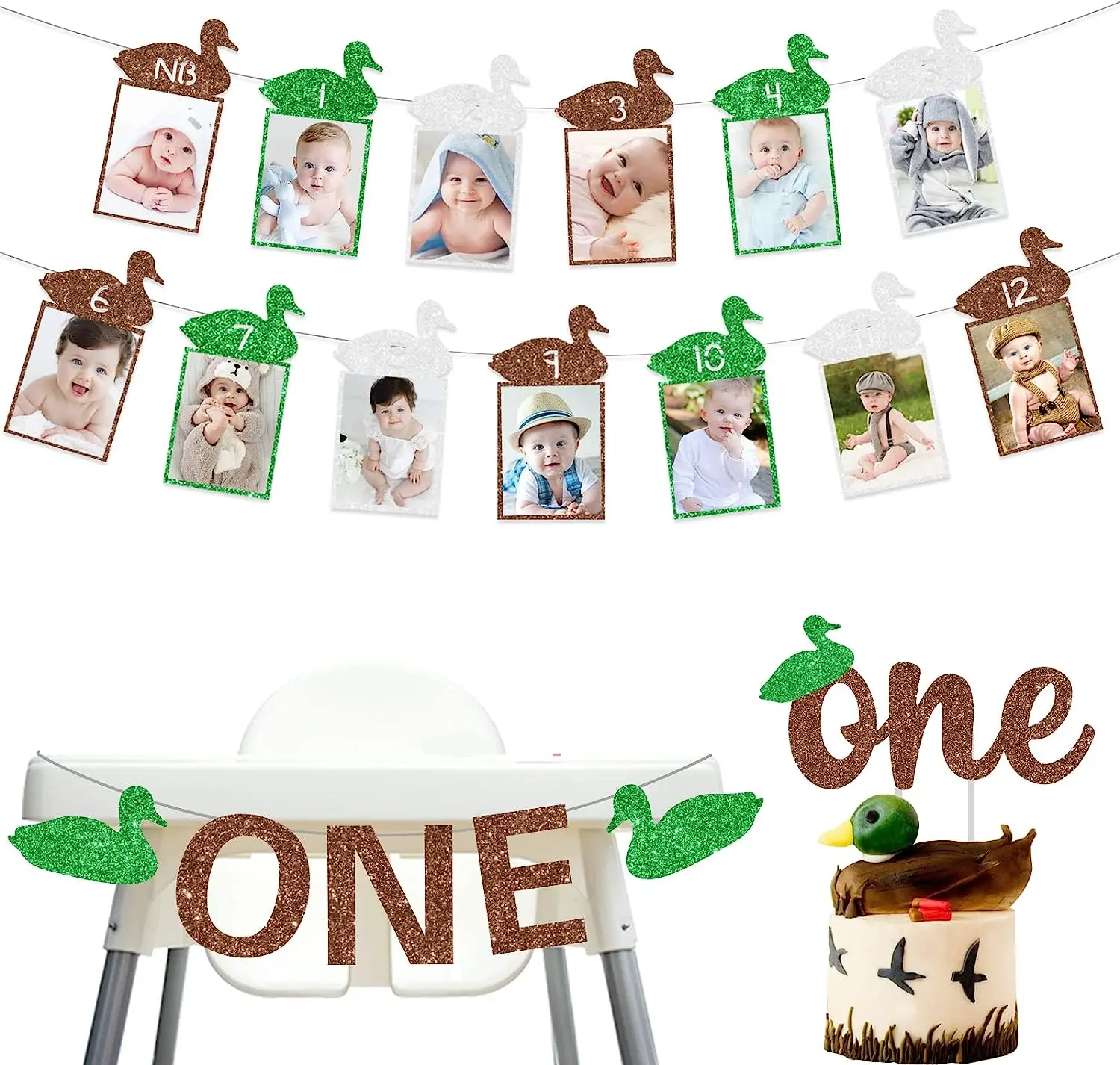 

JOYMEMO Duck Hunting 1st Birthday Decorations for Boys Duck Theme Birthday Photo Banner One Duck Cake Topper High Chair Banner