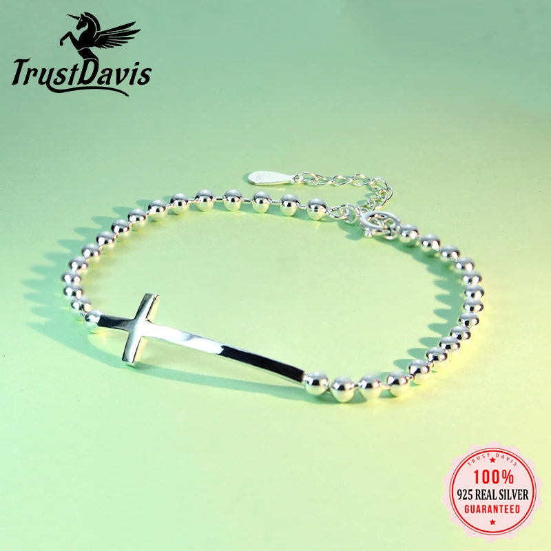 

Trustdavis Authentic 925 Sterling Silver Simple Beads Chain Cross Bracelet For Women Wedding Party Birthday Anniversary ED95