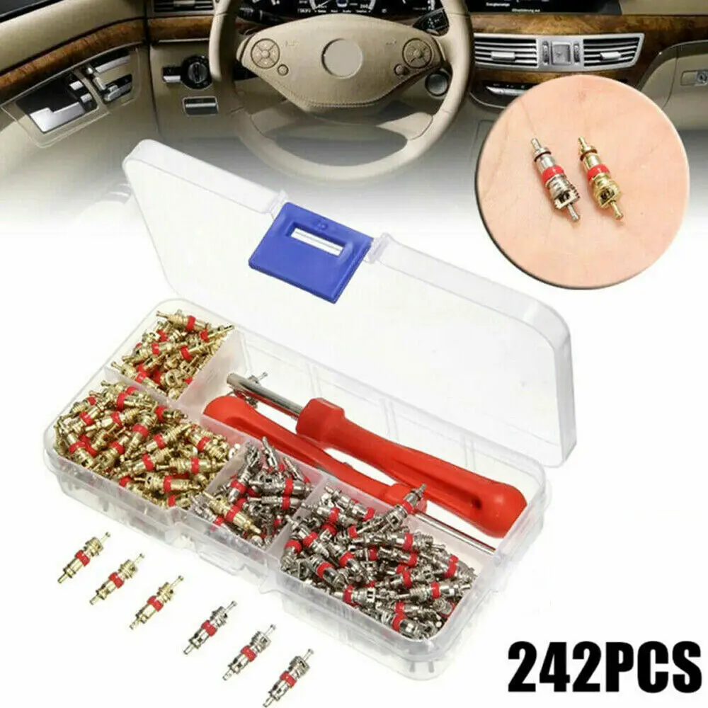 

242Pcs Car A/C Air Conditioning R134a Valve Core Assortment+Remover Tool Kit Set Handy Valve Core Removal Tubeless Core Kit