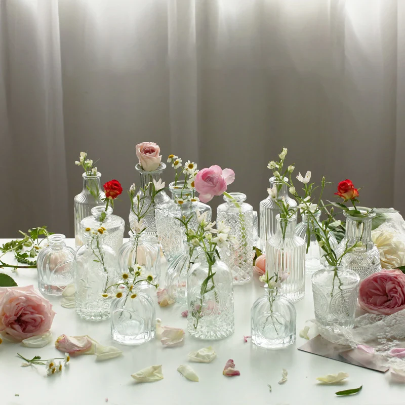 

Ins Style Home Decoration Living Room Transparent Small Glass Vase Coffee Table Flower Arrangement French Relief Small Vase