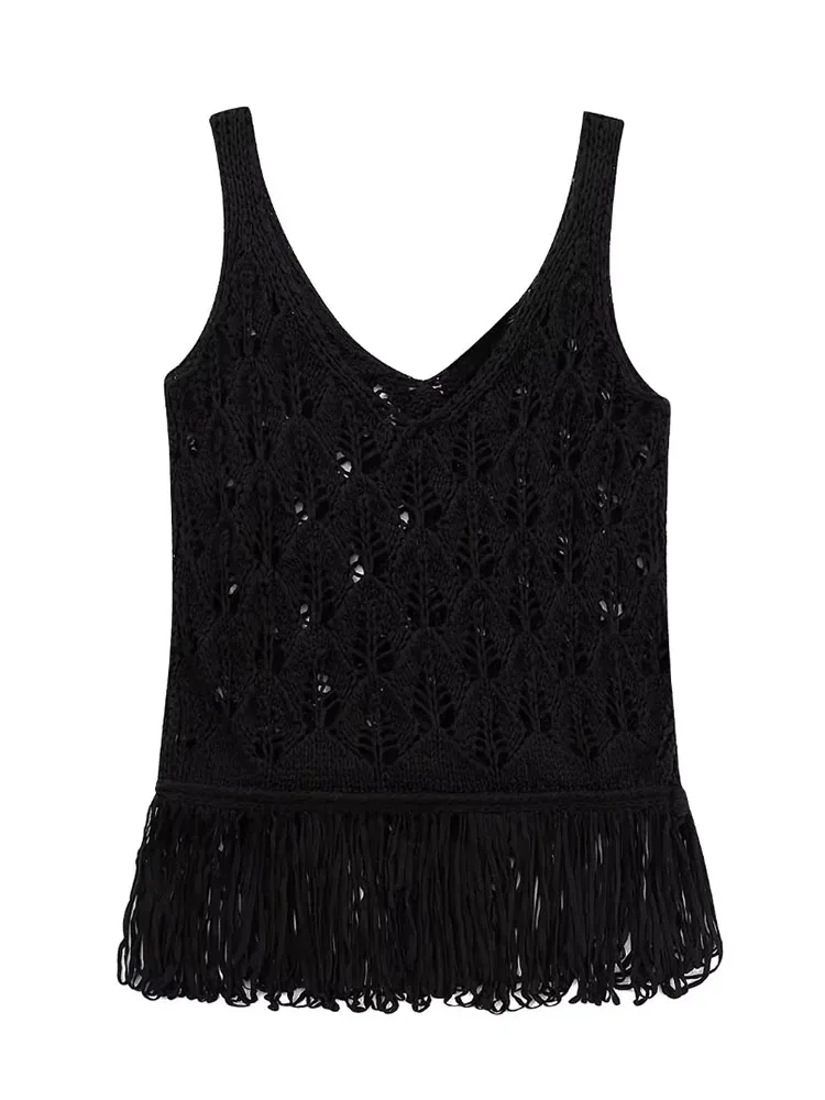 

ZADATA женский летний вязаный топ без рукавов с v-образным вырезом и кисточками