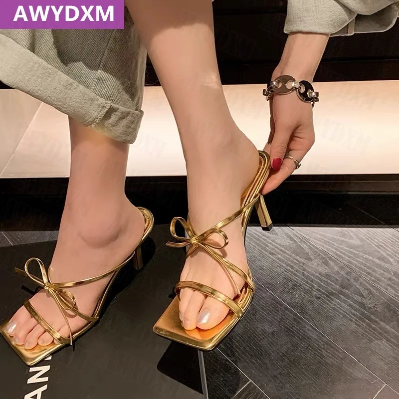 

New Women Slippers Bow Fashion High Heels Sandals 2022 Summer Dress Party Square Toe Shoes Sexy Pumps Slides Women Flip-flops