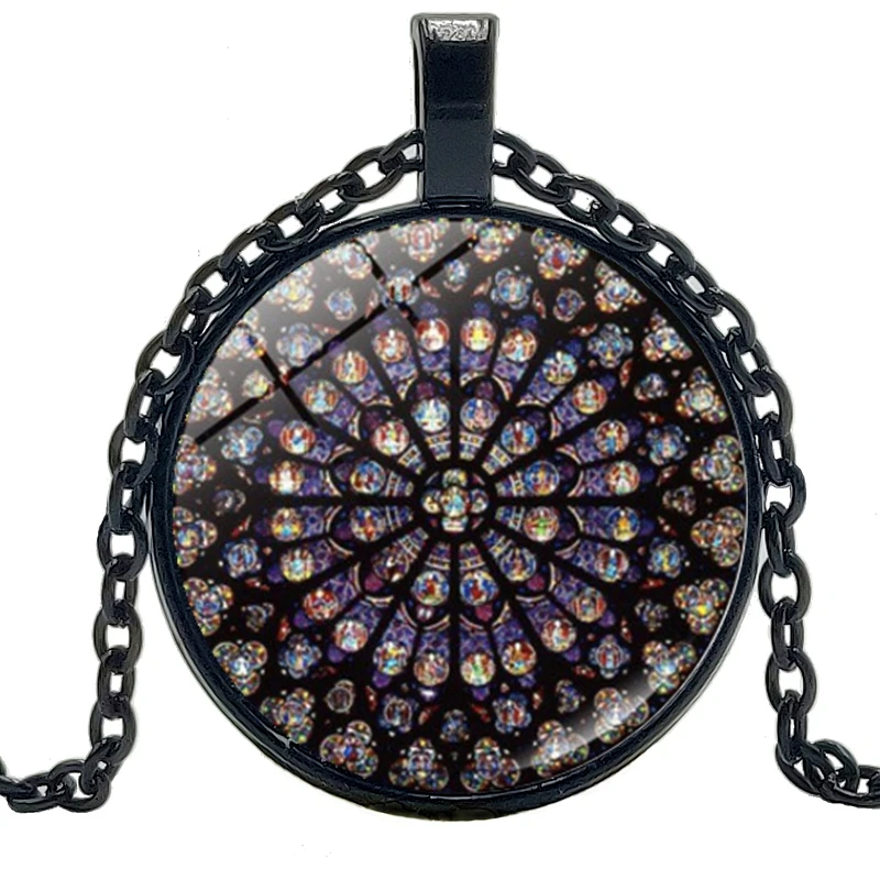 

Fashion Paris Notre Dame Cathedral Rose Window Time Crystal Glass Convex Round Pendant Necklace Clothing Sweater Chain Jewelry