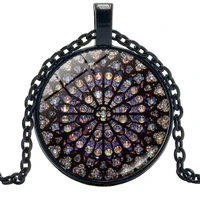 fashion paris notre dame cathedral rose window time crystal glass convex round pendant necklace clothing sweater chain jewelry