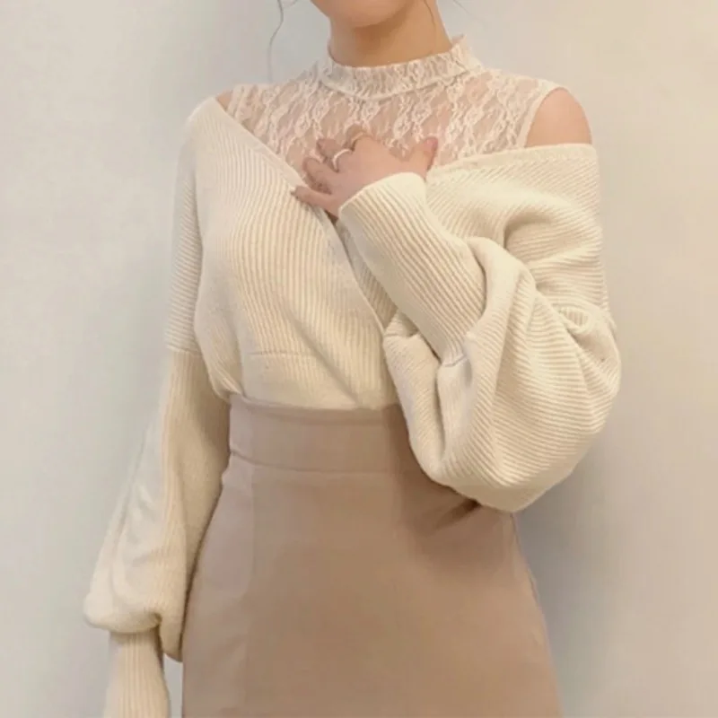 Осень 2024 новый милый однотонный топ в японском стиле пуловер с открытыми плечами