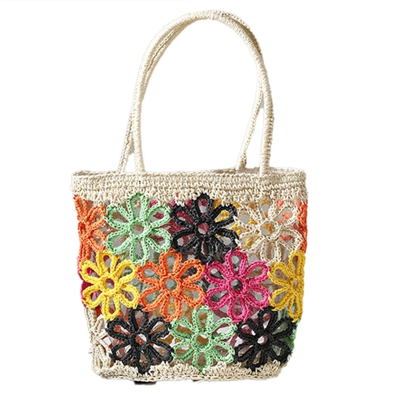 

Bohemian Hollow Flower Woven Tote Bags Summer Colors Flowers Straw Shoulder Bag Women Bag Beach Straw Women Handbags