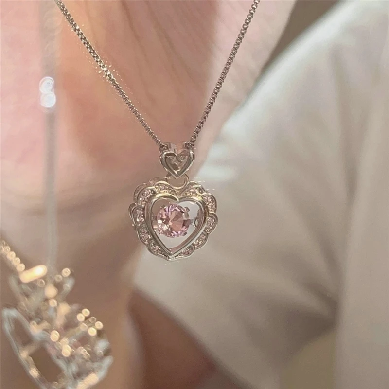

Korean Fashion Vintage Hollow Pink Crystal Heart Pendant Silver Color Chain Neck Necklace For Women Wedding Aesthetic Jewelry