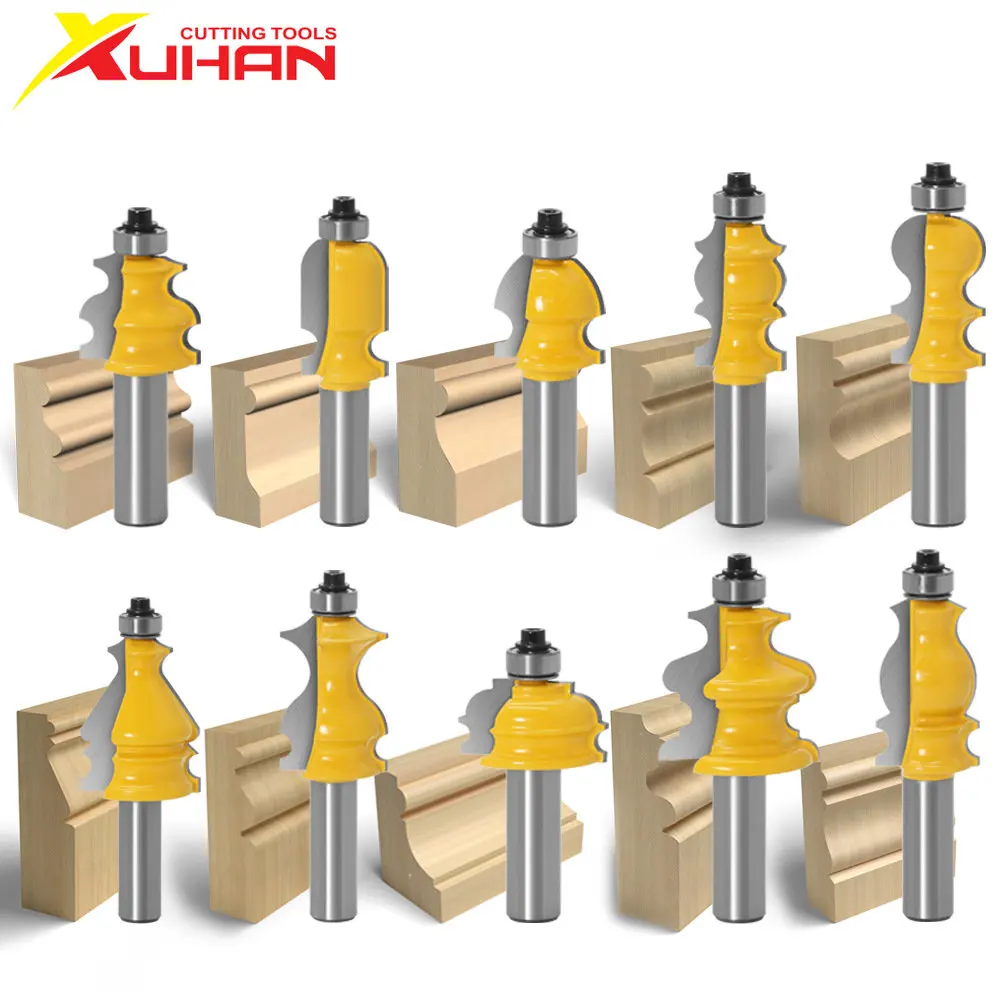 XUHAN 10pcs 1/2inch Shank Architectural Molding Handrail Router Bits Set Casing Base CNC Line Woodworking Cutters Face Mill