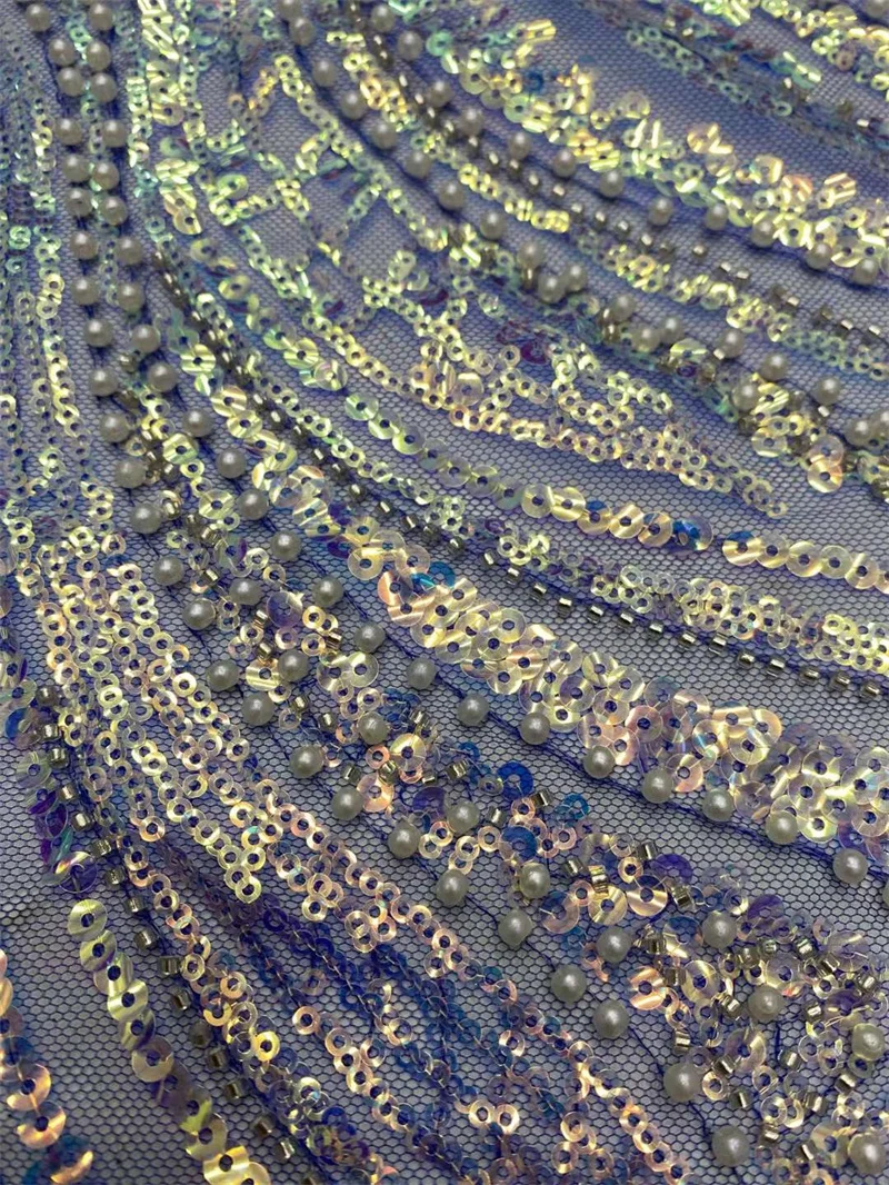 Нежная золотистая французская кружевная ткань с жемчугом и блестками Тюлевая