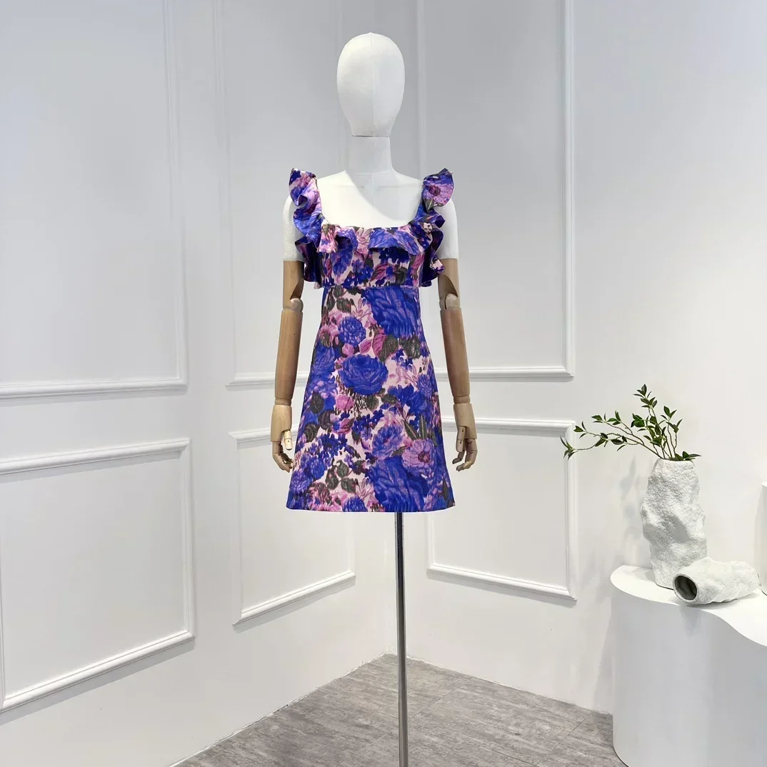 

Purple Floral Printing Dress 2023 Top Quality Linen Frill Ruffle Straps Self Tie Women Clothes