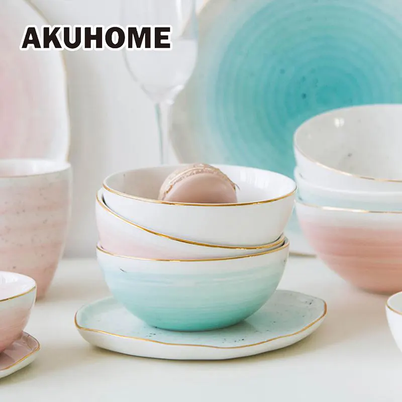 

3 Colors European Style Gold Rim Spot Ceramic Bowl Rice Soup Noodle Dish Mixing Ramen Bowl Sets Tableware Kitchen Dining Tables