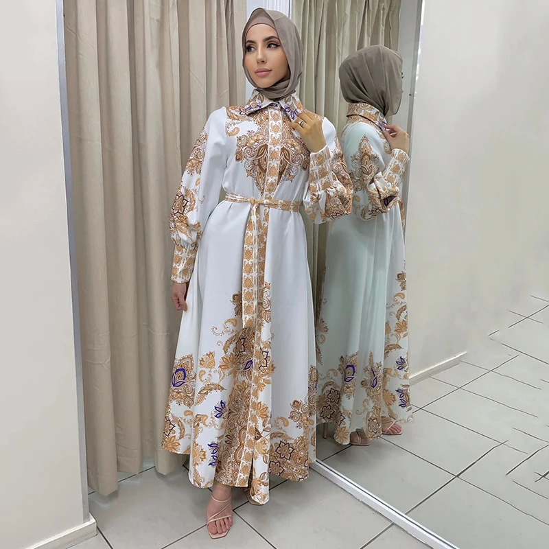 Women Muslim Floral Print Long Sleeve Eid Dress 2022 Islam With Hijab Belt Malaysia Ramadan Dubai Arabic Luxurious Evening Dress