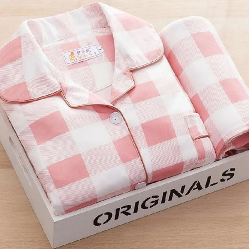 

Cute Grid Girls Pajamas Set Korean Autumn Winter New Long Sleeve Leisure Sleepwear Women Loose Nightwear Homewear Suit