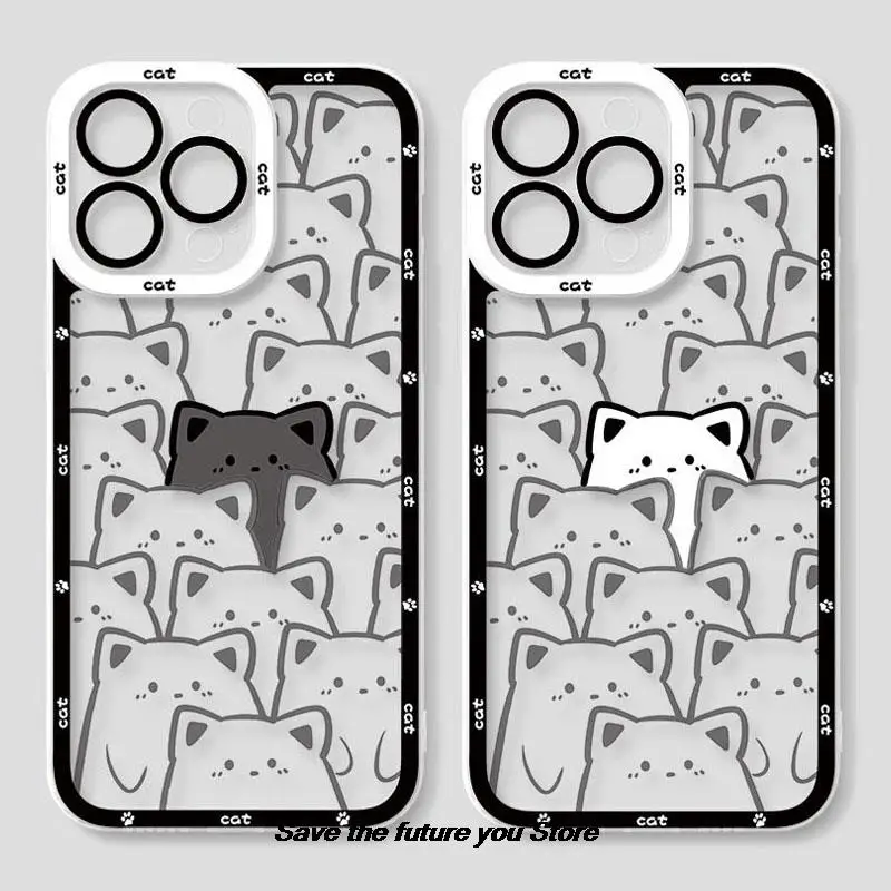 

Cute Cartoon Cat Phone Case For iPhone 13 12 11 14 Pro Max XSMAX X XR 14Plus Clear Couple Angel eyes Soft Silicone bumper Case