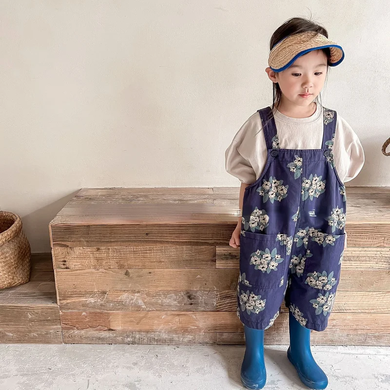 

Korean style summer Kids flowers printed loose overalls shorts Girls cotton casual all-match suspenders shorts