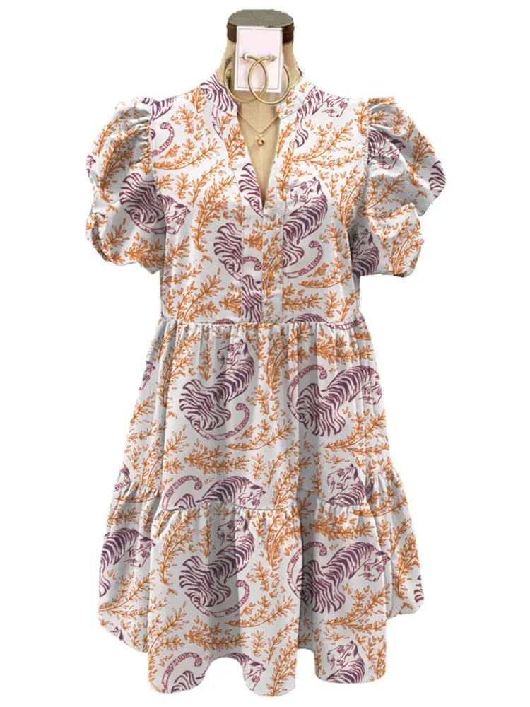 

Women Tiger Mix Plant Print Dress Elegant Cap Sleeve V-neck Puff Sleeve Dress Party Club Evening Long Dress