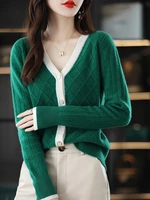 colorblock v neck 100 pure wool knitted cardigan womens 2022 spring and autumn new loose fashion cashmere sweater outer wear