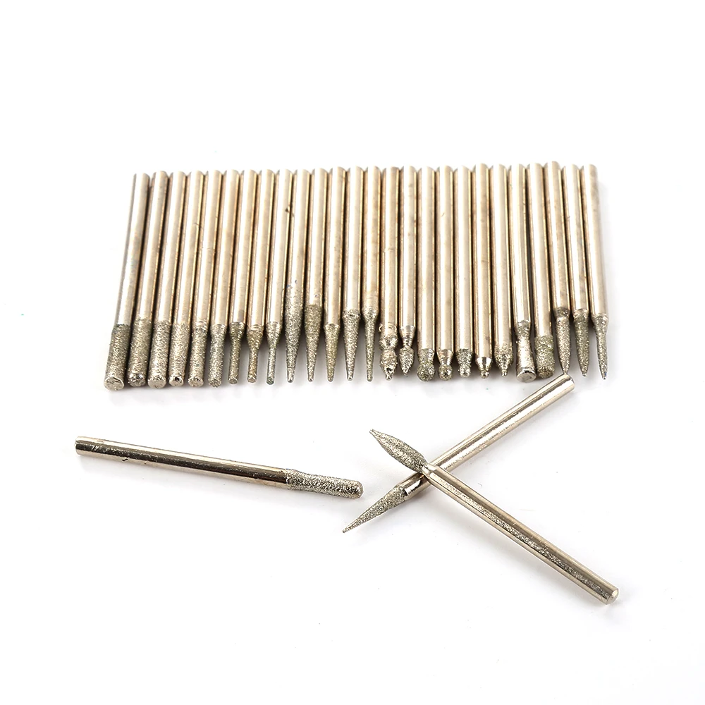 

30Pcs 2.35/3mm 120M Shank Diamond Grinding Head Set Burr Needle Point Engraving Carving Polishing Glass Drill Bit Rotary Tools