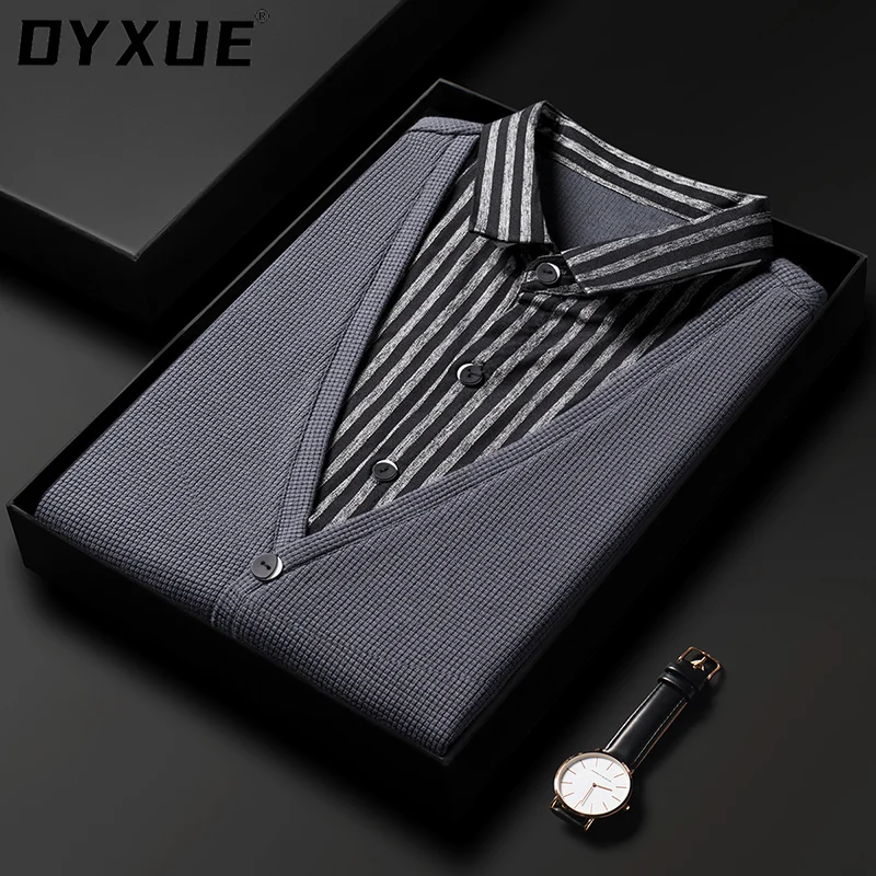 

DYXUE Striped Two fake knitwear piecesT Shirt for Men Korean Fashion SoftLong Sleeve Slim Fit New High End Cotton Spring Autumn