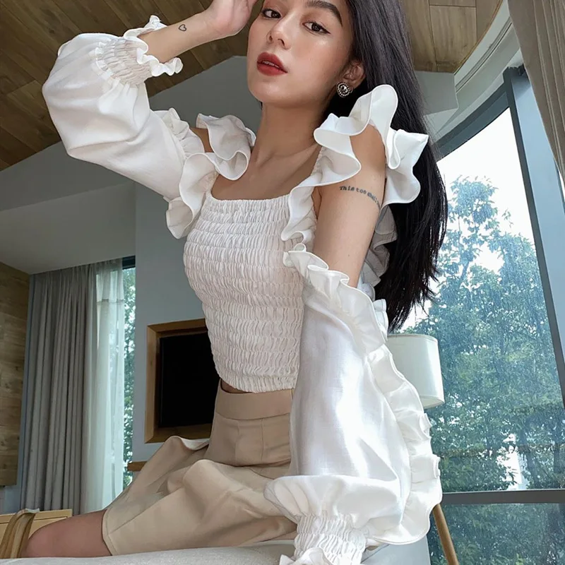 

Fashion White Women's Top Hollow Ruffled Square Neck Long Puff Sleeve Top Autumn Ladies Club Party Casual T-shirt 2023 New
