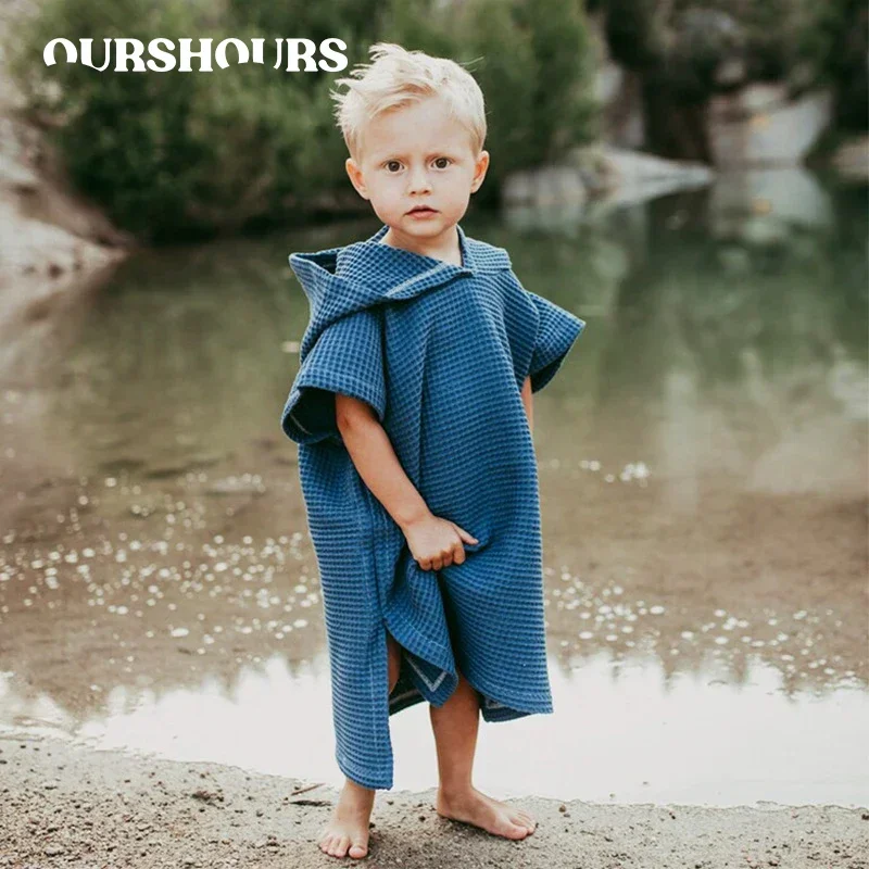 

Банный Халат вафельный детский с капюшоном, хлопок органический, без рукавов, однотонное пончо, мягкие абсорбирующие пляжные полотенца