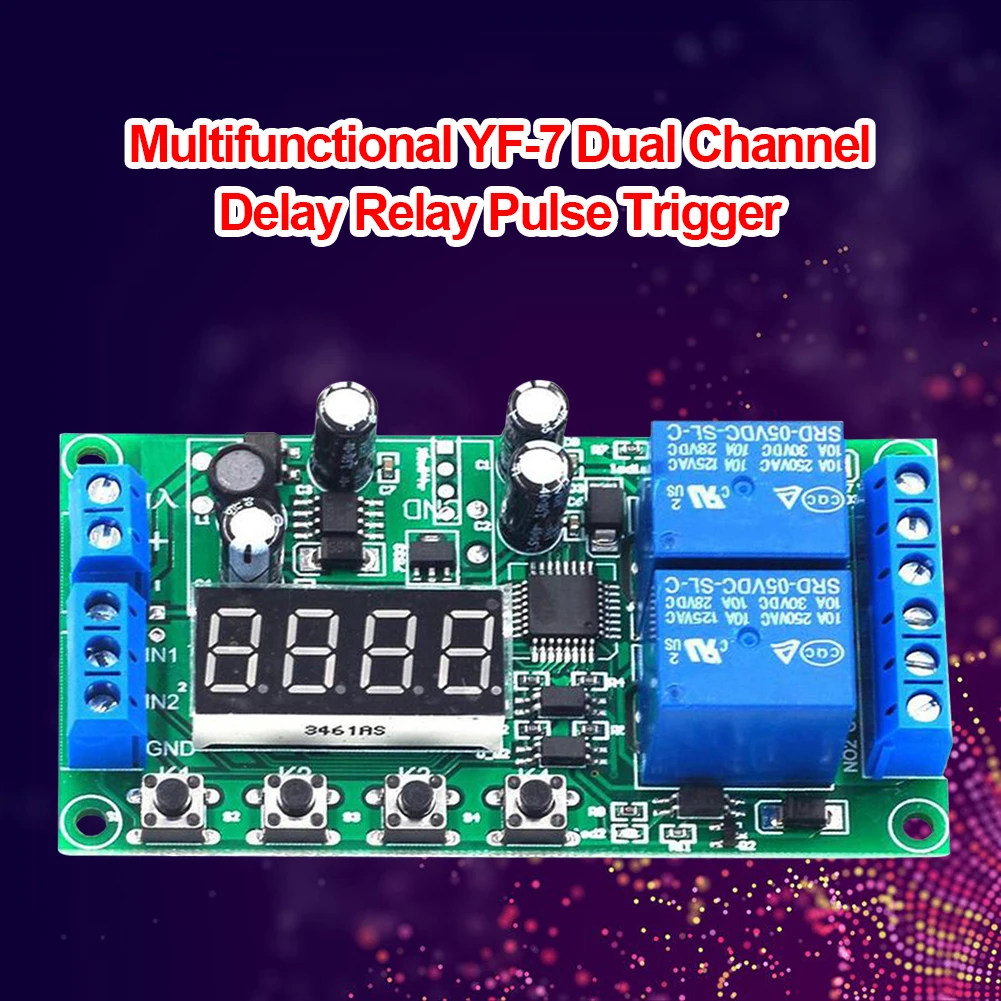 

YF-7 Multifunctional Dual Channel Delay Relay Module Board Pulse Trigger Cycle Timer 0.01s-999m Delay Time Adjustable 7-30V DC