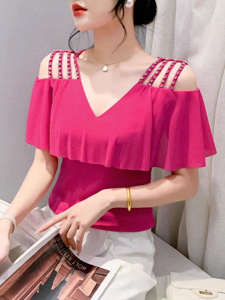 Летняя женская блузка с V-образным вырезом блестящие сетчатые футболки оборками