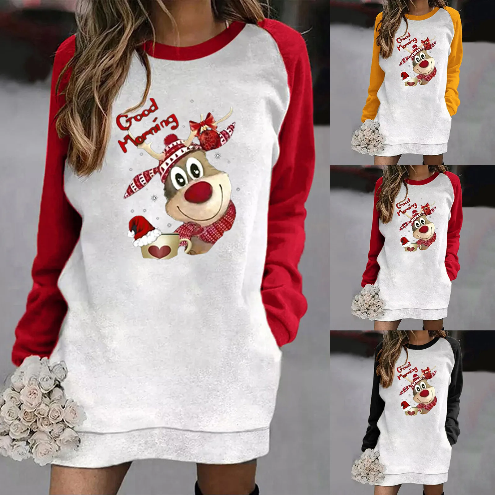 

Ladies Contrast Color Long Sleeve Pullover Pocket Loose Fawn Printing Sweatshirt Dress Woman's Casual Dresses