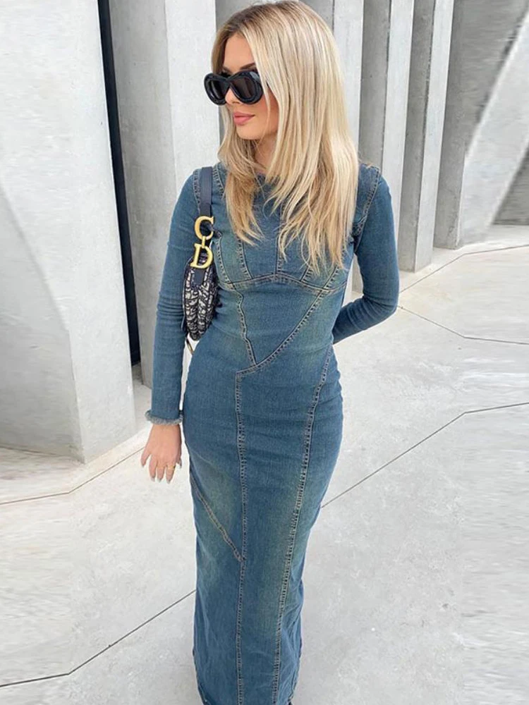 

Модное женское длинное платье DenimDress с разрезом, без бретелек, женское Элегантное синее уличное платье с длинным рукавом, свободное прямое п...