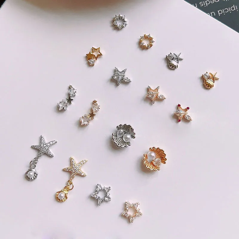 4 Pcs New Manicure Beach Style Zircon Jewelry Starfish Pendant Shell Beach Nail DIY Jewelry With Diamond