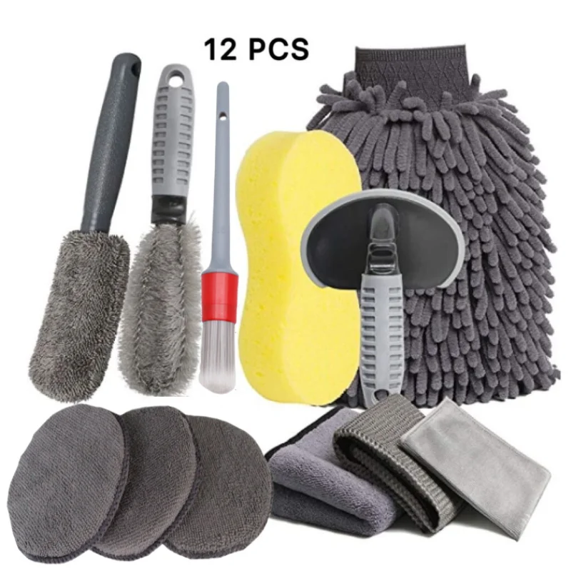 12Pcs Waterproof Car Wash Glove Car Grooming Polishing Waxing Sponge Wheel Hub Brush Tire Brush Car Cleaning Auto Care