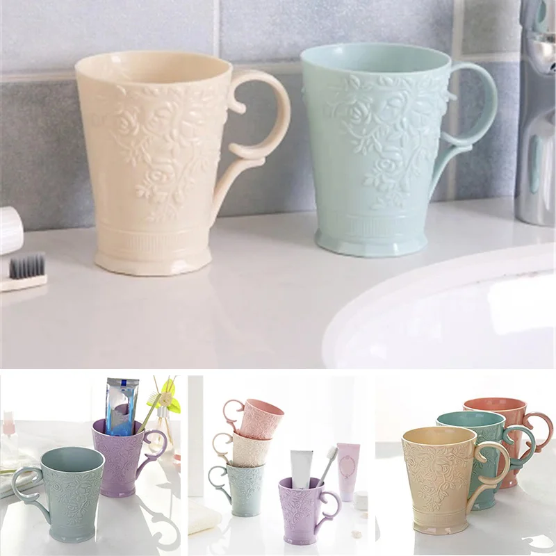 

Solid Color Mouthwash Cup with Handle Couple Tooth Pot Cup Plastic Carved Toothbrush Cup Durable Carved Wash Cup