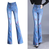 flowers embroidery stretching wide leg flare jeans women denim long pants high waist lady elegant slim capris ethnic style