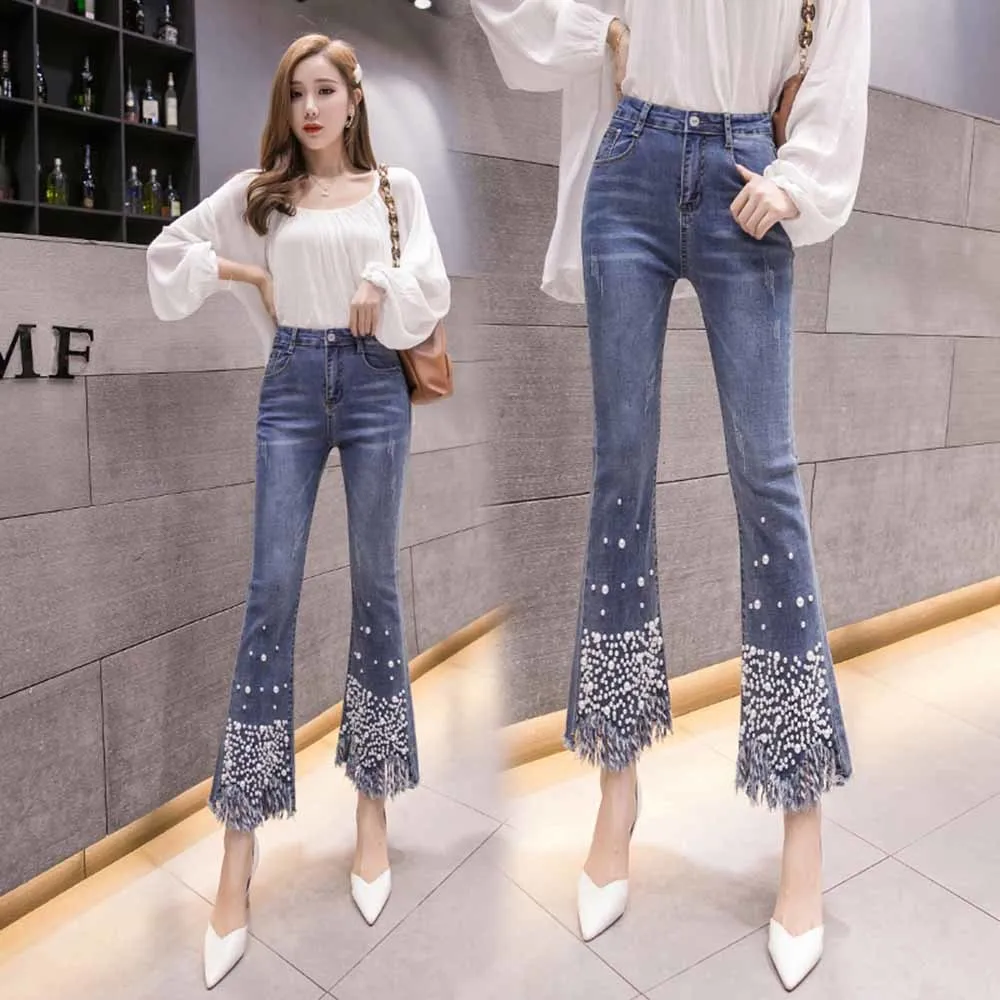 

Heavy Industry Beaded Pearl Tassel Flared Jeans for Women 2022 Spring New Denim Trousers Frayed Irregular Cropped Fishtail Pants