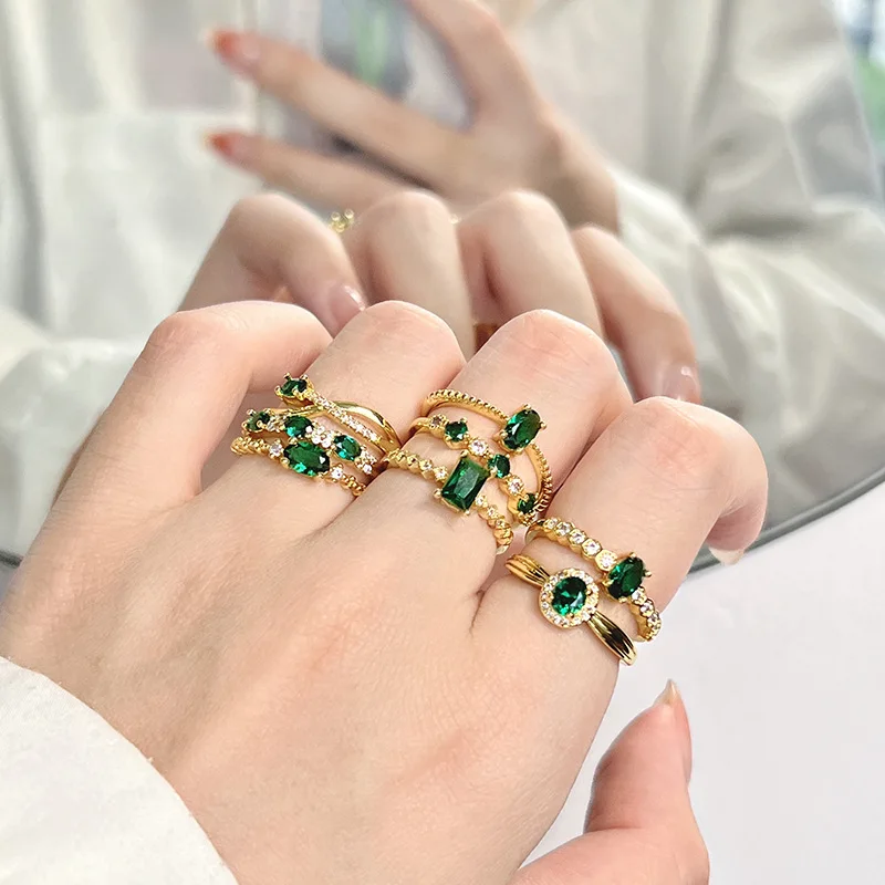 HOYON diamond-studded light luxury emerald color design simple ring female gemstone zircon 925 color open index finger ring