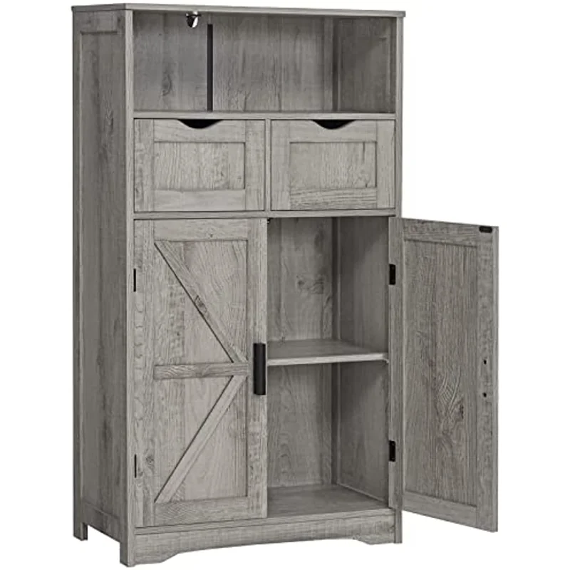 

Floor Storage Cabinet with 2 Adjustable Drawers & 2 Barn Doors, Standing Cupboard with 2 Shelf, for Living Room, Home Office