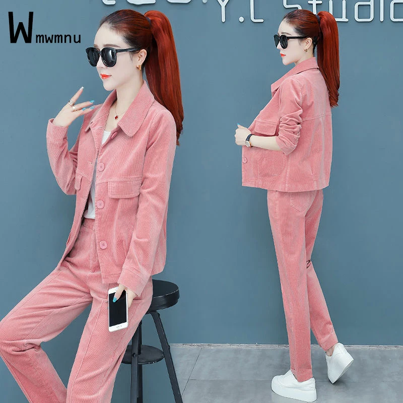 

Women Pink Corduroy Cargo Style Two Piece Sets Femme Single Breasted Full Sleeve Coat+Capris Straight Leg Pants Casual Outfits