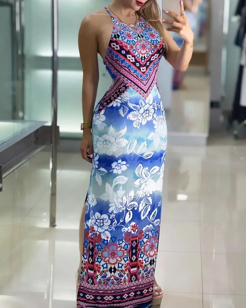 

Elegant Dress for Women 2022 Spaghetti Strap Female High Waist Slim Colorful Print Slip Dress Backless Split Print Waist Dresses