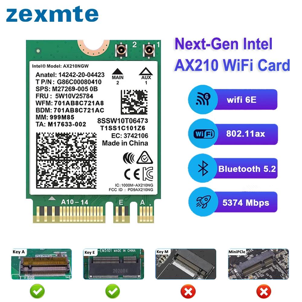 

Zexmte 5374Mbps беспроводная карта Intel Wifi 6E AX210 M.2 NGFF Bluetooth сетевые карты AX210NGW 2,4 ГГц/5 ГГц 802.11AX Wi-Fi адаптер