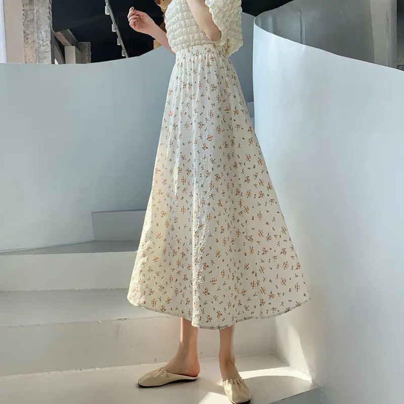 

Women 2022 Summer New Midi-long Elegant Skirt Female Vintage Floral Print High Waist Skirt Ladies Casual Skirt Clothes Jupe B62