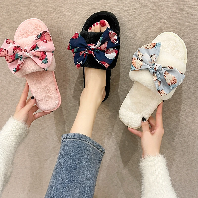 Fairy Bow Cotton Slippers Women 2021 New Spring and Autumn Outer Wear One-on-one Fashion Plush Slippers Women's Shoes