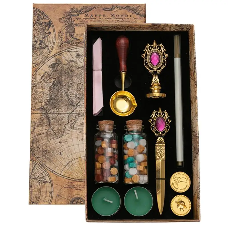 

Wax Sealing Stamp Set Paint Wax Fire Lacquer Kit And Stamp Portable Fire Paint Wax Replaceable Stamps Set For Gift Wrap Envelope