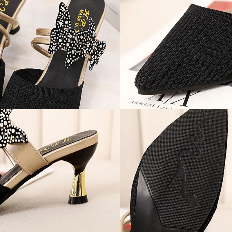 Pointed Red Patent Leather Women Slippers Fashion Butterfly-knot Slip On High Heels Designer Slides Non Slip Hollow Sandals