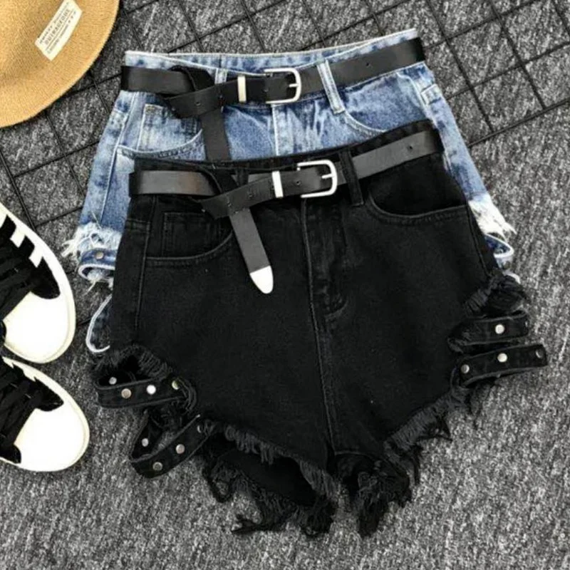 Style Denim Shorts High-waisted Jeans Super shorts with Nails on The Side and Loose Holes Fashionable Worn Hot Ladies Clothing