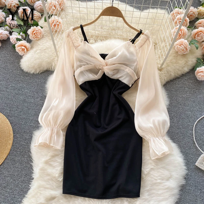 

YuooMuoo Fashion Women Princess Splicing Black Mini Dress Puff Sleeve High Waist Knot Party Dress Korean Vestidos