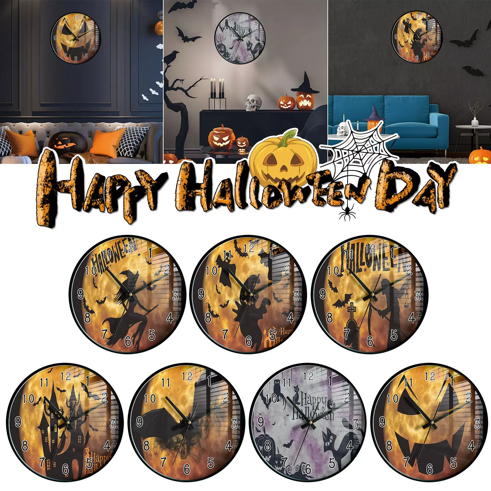 Wall Clock Halloween Decorations for Home Pumpkin Ghost Spider Bat Moon Round Wall Clock Horror Decor 2021 Gift, часы настенные